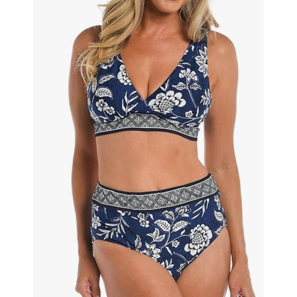 24th & Ocean BIKINI SWIM SUIT Navy Blue Batik Floral HIGH WAIST MODEST 2-PC sz M